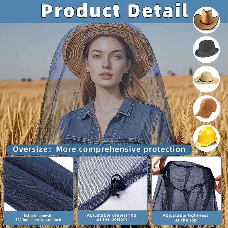 JayruiMice 2 Pack Ultra Large Mosquito Net 42x25 Inches Mosquito Head Net Oversized Insect Netting Bug Fits Most Hats for Gardening Hiking Fishing Traveling(Navy Blue) - Image 3